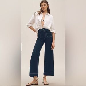 Anthropologie Maeve The Colette Contrast-Stitch Linen Crop Wide-Leg Pants